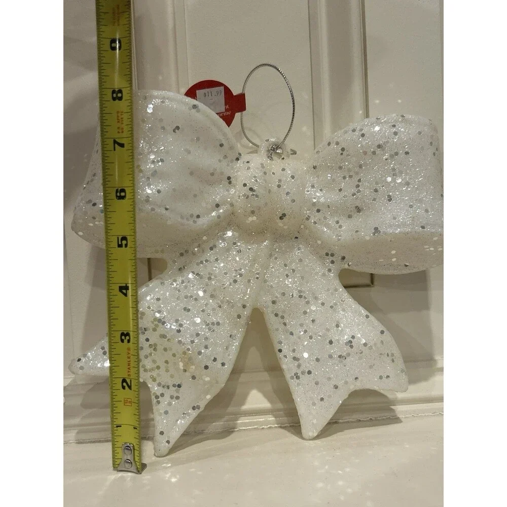 Ashland Christmas Jumbo Bow Ornament White Glitter Decorative 8”x 8
